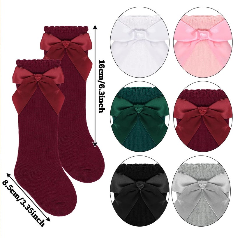 Sucrain 6 Pairs Baby Girl Knee High Socks Cotton Bow Dress Stockings Tube Ruffled Knit Socks for Newborn Infant Toddler - Image 2